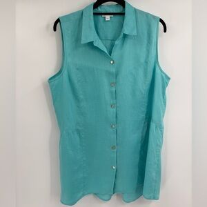 J JILL Love Linen Aqua Sleeveless Button Tank Top Lagenlook Minimal SIZE Large